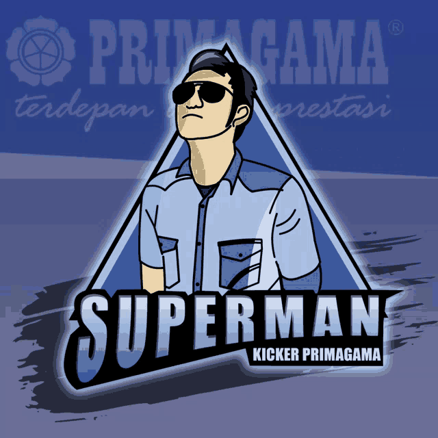 a logo for superman kicker primagama shows a man wearing sunglasses and a blue shirt