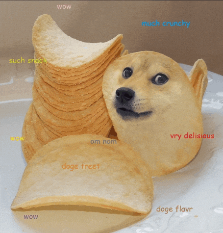 a dog is sitting next to a stack of potato chips and says wow