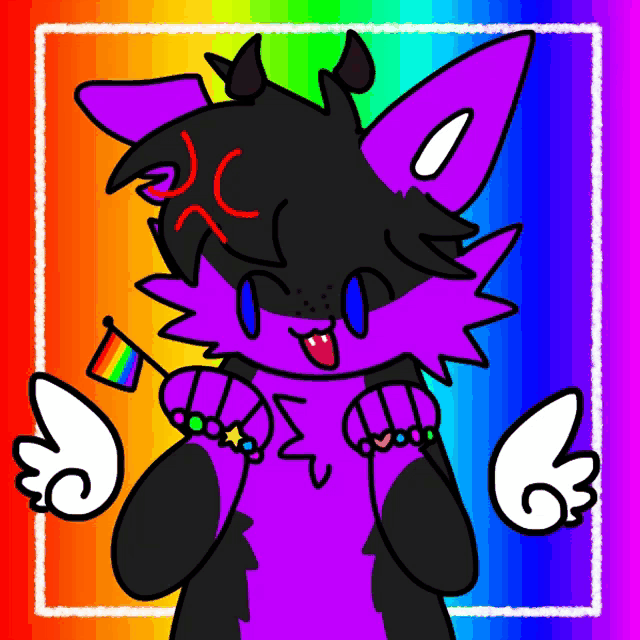 a colorful drawing of a cat with a rainbow flag in its paws