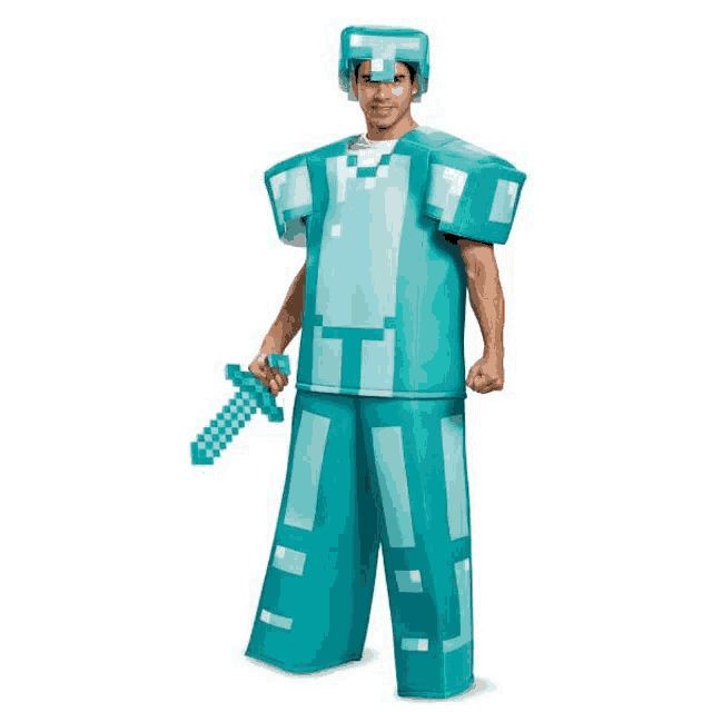 a man in a minecraft costume is holding a sword and shield .