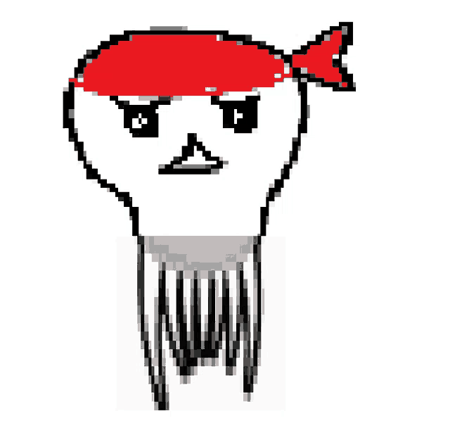 a pixel art drawing of a fish with a red bandana on its head