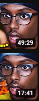 a close up of a man 's face with glasses and a time of 49:29