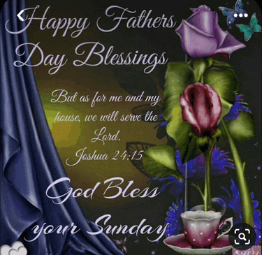 a happy fathers day blessings card with purple roses and a cup on a saucer