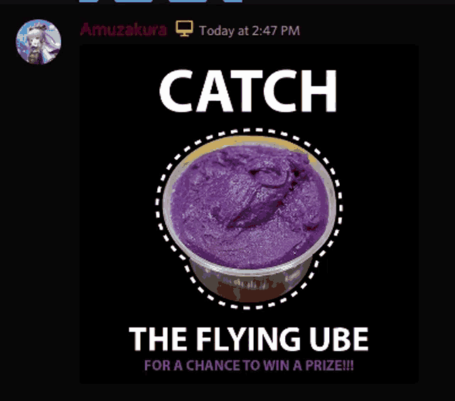 a picture of a bowl of purple sauce with the words catch the flying ube