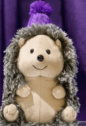 a stuffed hedgehog wearing a purple hat is sitting in front of a purple curtain
