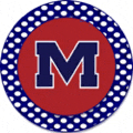 a red circle with a blue letter m in the middle