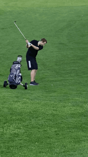 a man holding a golf club on a golf course next to a golf bag that says ' taylormade ' on it