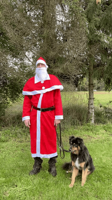 a man dressed as santa claus is standing next to a dog