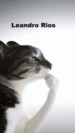a black and white photo of a cat with the name leandro rios below it