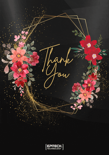 a thank you card with flowers and a gold frame