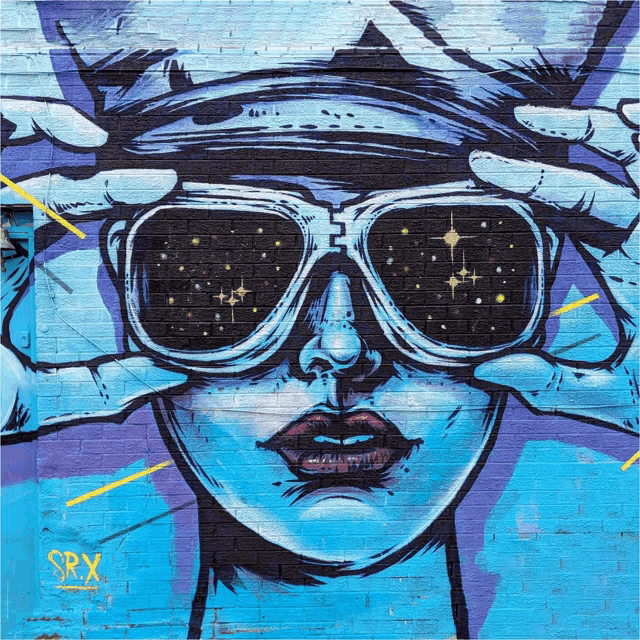 a graffiti painting of a woman wearing sunglasses with srx written on the bottom right