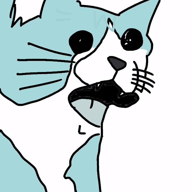 a drawing of a blue and white cat with its tongue hanging out