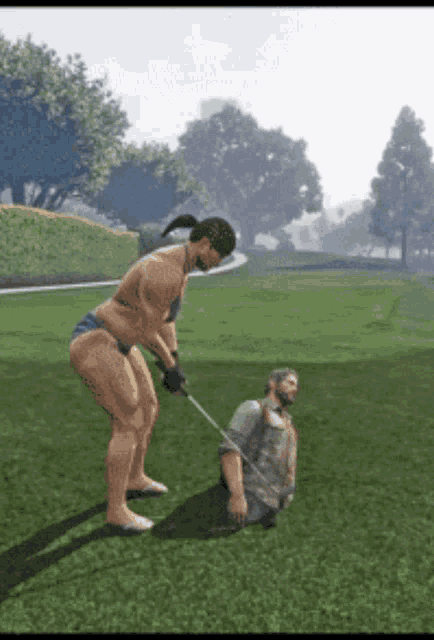 a man is being pulled by a woman in a bikini in a video game