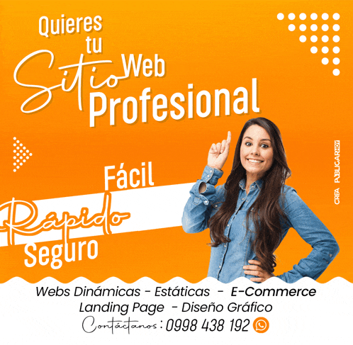 a woman in a denim shirt is standing in front of an orange background that says quieres tu sitio web profesional