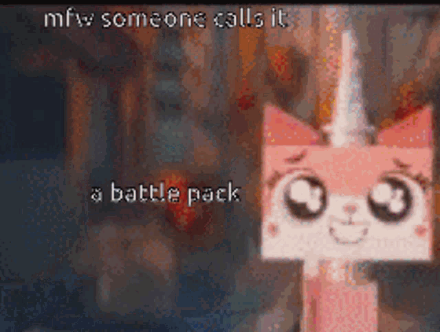 a pixelated image of a cat with a unicorn horn and the words someone calls it a battle pack
