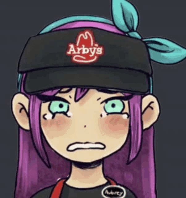 a drawing of a girl wearing an arby 's hat