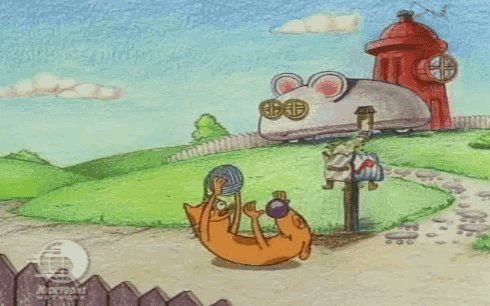 a cartoon cat is playing with yarn in front of a fire hydrant