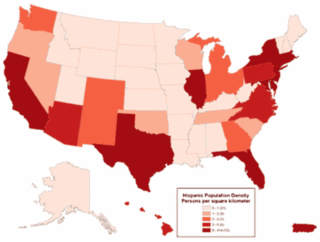 a map of the united states shows the hispanic population density per square kilometer