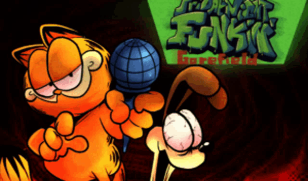 a cartoon of garfield holding a microphone and a dog