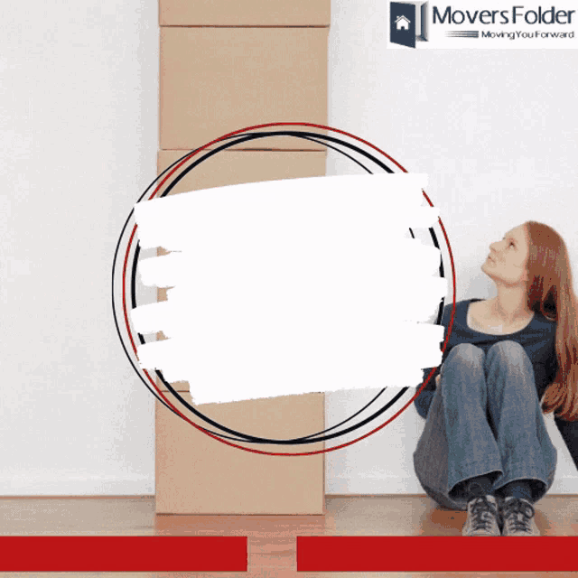 a woman sits on the floor in front of a stack of cardboard boxes with a movers folder logo in the background