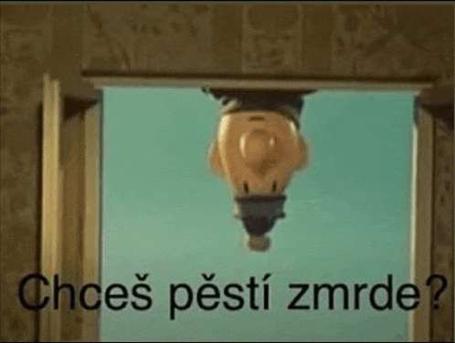 a cartoon character is hanging upside down in front of a window with the words choes pesti zmrde written on it .