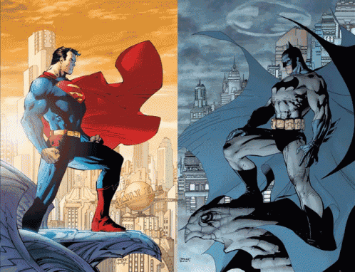 superman and batman are standing next to each other in front of a city skyline