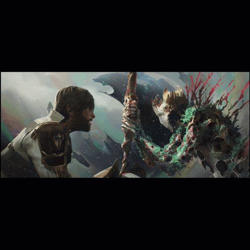 a painting of a man standing next to a skeleton holding a stick