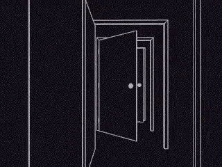 a black and white drawing of an open door in a room .