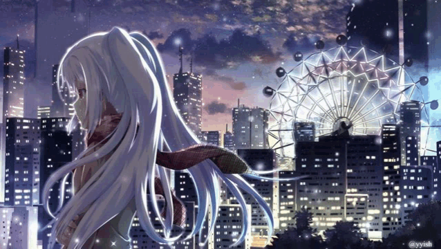 a girl with long white hair is standing in front of a city with a ferris wheel in the background