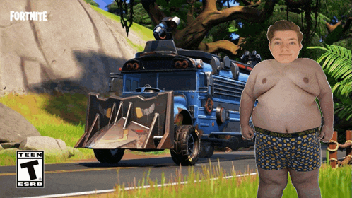 a man in underwear stands in front of a fortnite video game