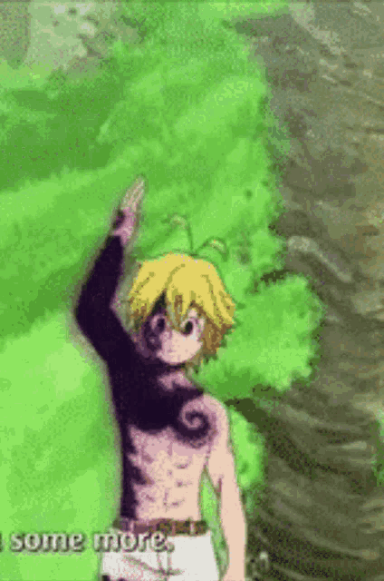 a man with a tattoo on his chest is waving his hand in front of a tree .