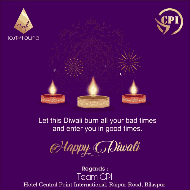 a purple poster that says happy diwali regards team cpi hotel central point international raipur road bilaspur