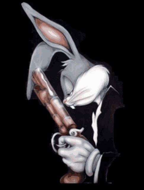 bugs bunny in a tuxedo holding a gun