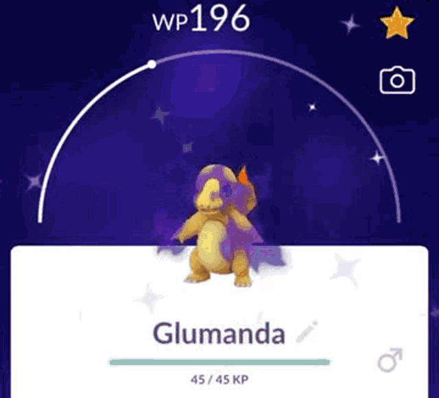 a screenshot of a pokemon in a game called pokemon go with a purple and yellow pokemon .