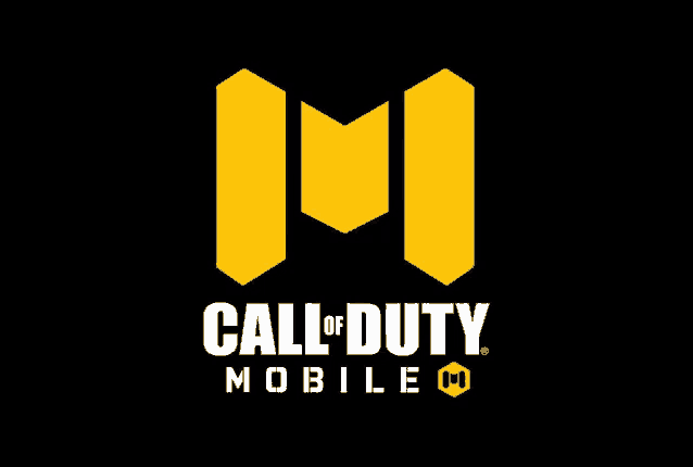 the call of duty mobile logo is yellow and white on a black background