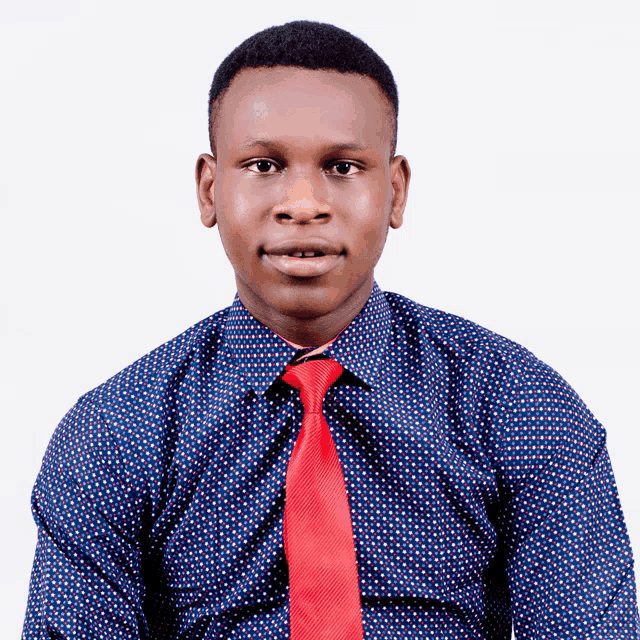 a young man wearing a blue shirt and red tie