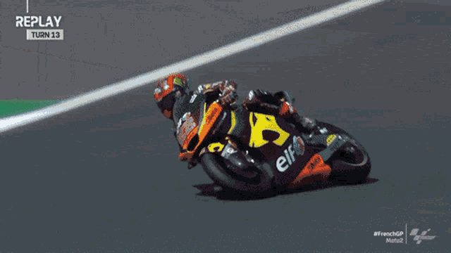 a person riding a motorcycle on a track with the words replay on the bottom