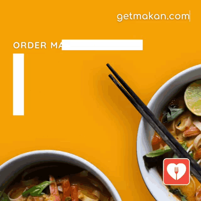 two bowls of food with chopsticks and a getmakan.com logo on the bottom