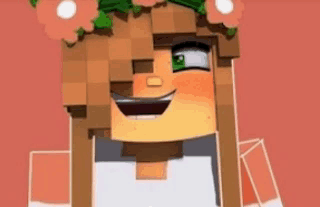a minecraft girl with a flower crown on her head is smiling and looking at the camera .