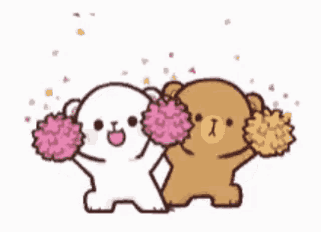 two teddy bears are holding pom poms in their hands and cheering .