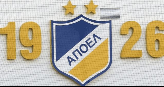 a blue and yellow shield with the letters apoel on it