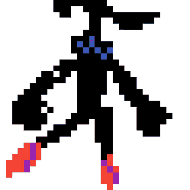 a pixel art of a blue and black monster with red and purple feet