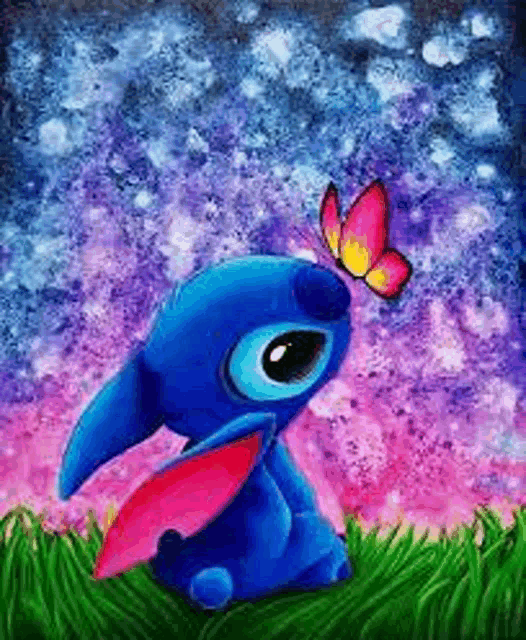 stitch is sitting in the grass with a butterfly on his head .