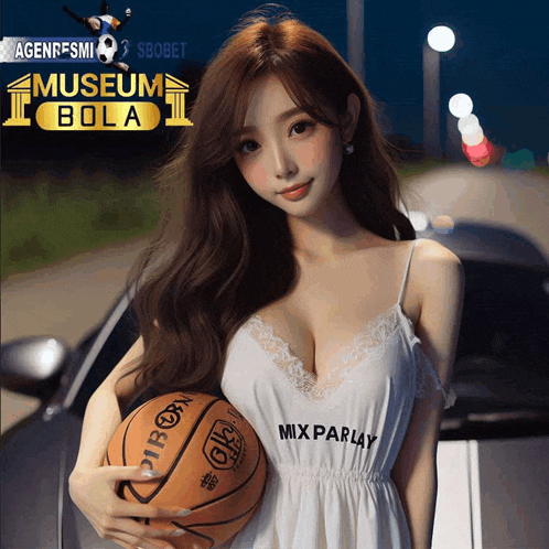 a woman in a white dress is holding a basketball in front of a museum bola sign