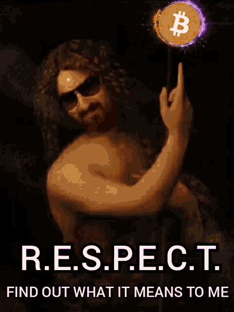 a poster that says r.e.s.p.e.c.t. and shows a man pointing at a bitcoin