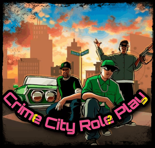 a poster that says crime city role play with a green car in the background