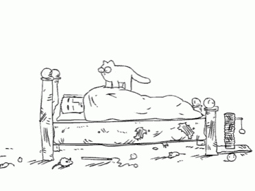 a black and white drawing of a man laying on a bed with a cat