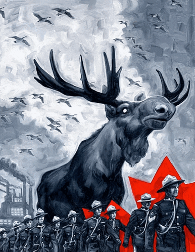 a painting of a moose surrounded by police officers and birds