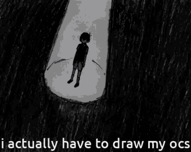 a black and white drawing of a boy with his head in his hands .