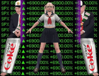 a girl in a school uniform is standing in front of a coke can